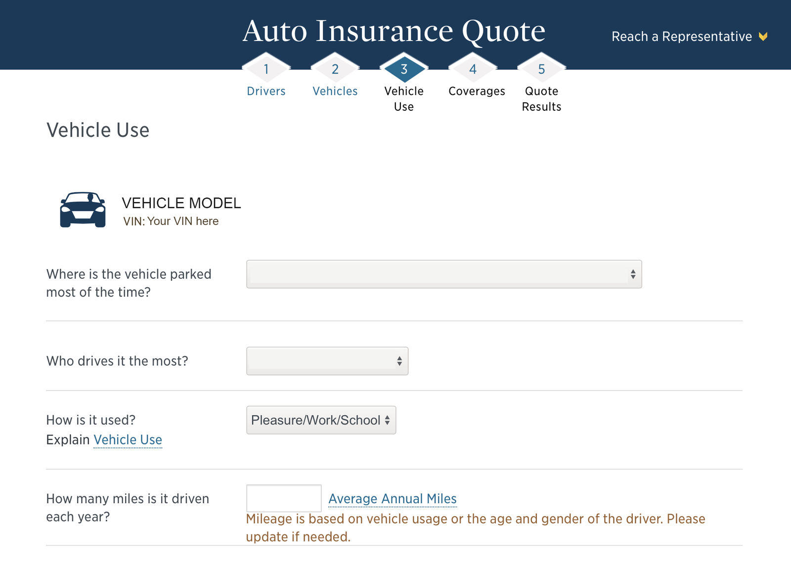USAA quote vehicle use